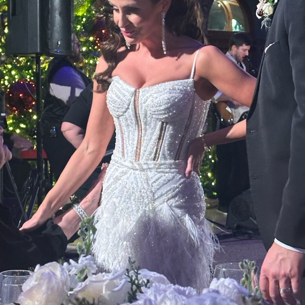 EUC White Feathered and Sequined Reception Dress, size 8 (tailored down to 2)